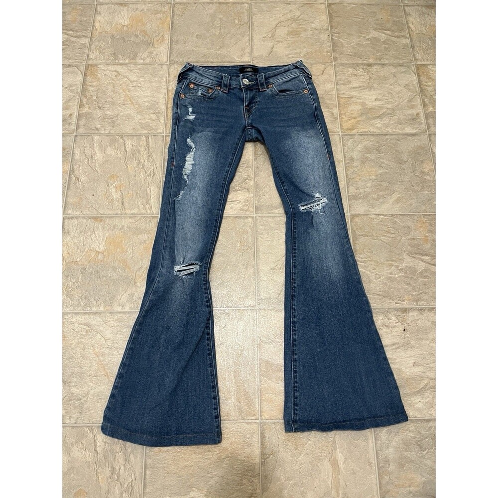 True Religion Jeans 24 Womens Blue Distressed Carrie Low Rise Flare Denim Pants